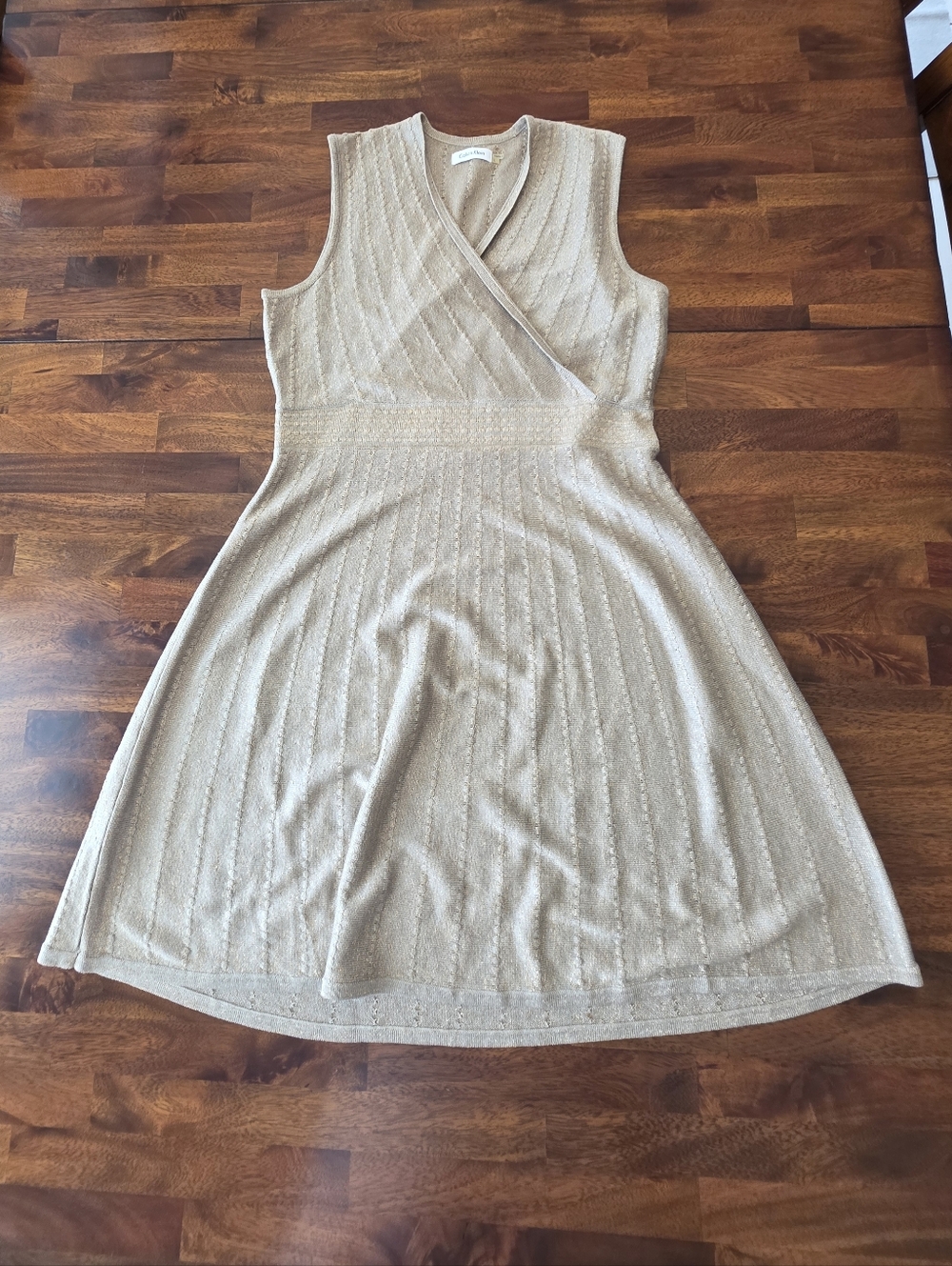 Calvin Klein Sleeveless Wrap Knit Midi Dress in Beige Large   Sku 91